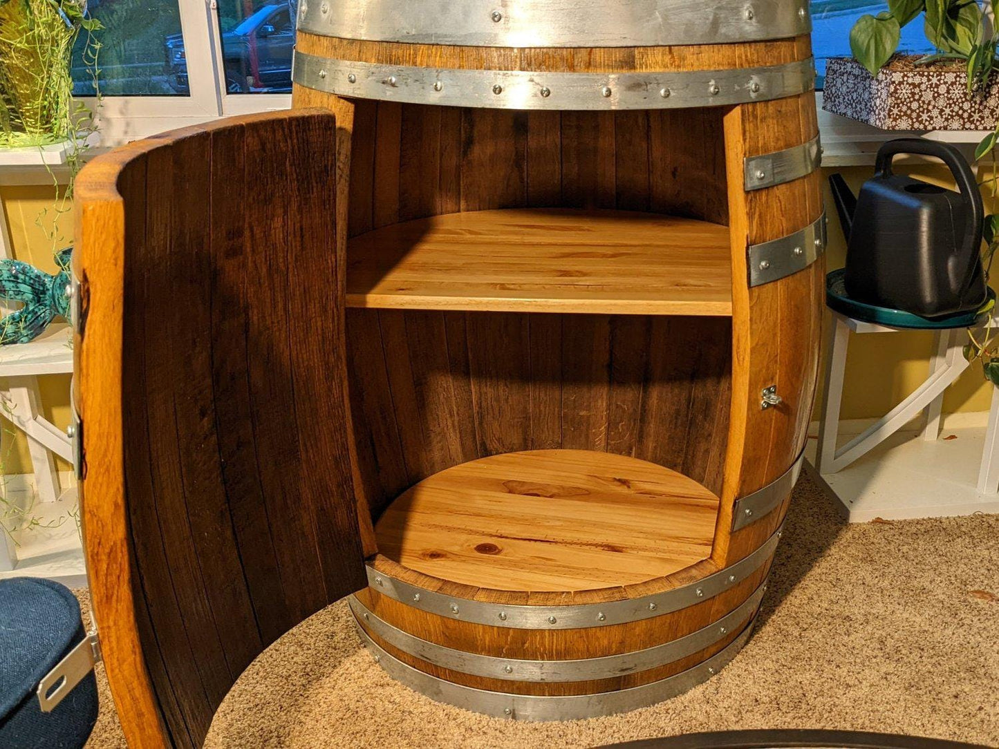 Handcrafted Wine Barrel Liquor Cabinet – Lazy Susan Shelf, Lockable Door, LED Lights – Rustic Home Bar Storage, Indoor Use Only