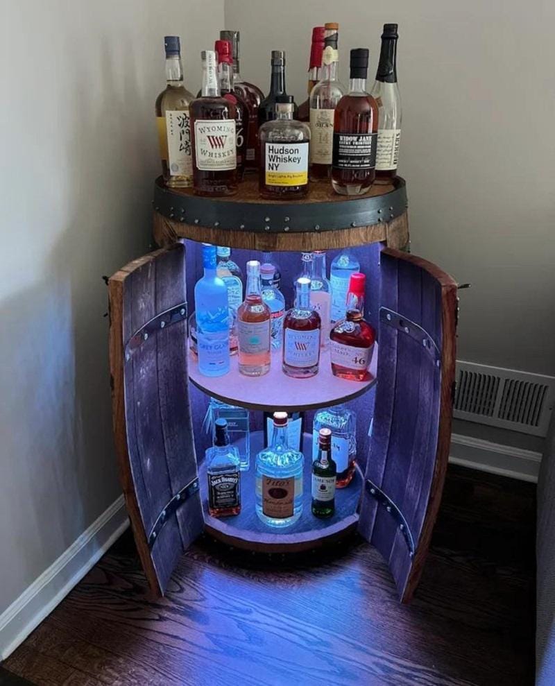 Rustic Barrel Mini Bar Cabinet with LED Lighting – Vintage Whiskey Storage Cabinet