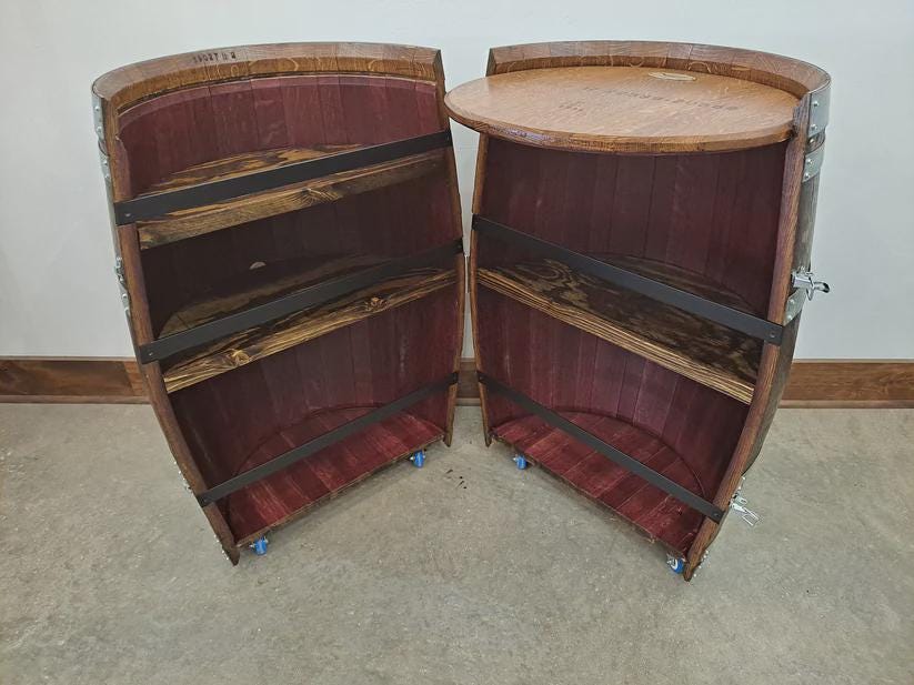 Full Wine Barrel Bar with Vertical Opening |Custom Storage Bar Made from Reclaimed Wine Barrels | 5 Compartments | Rustic Home Bar Furniture