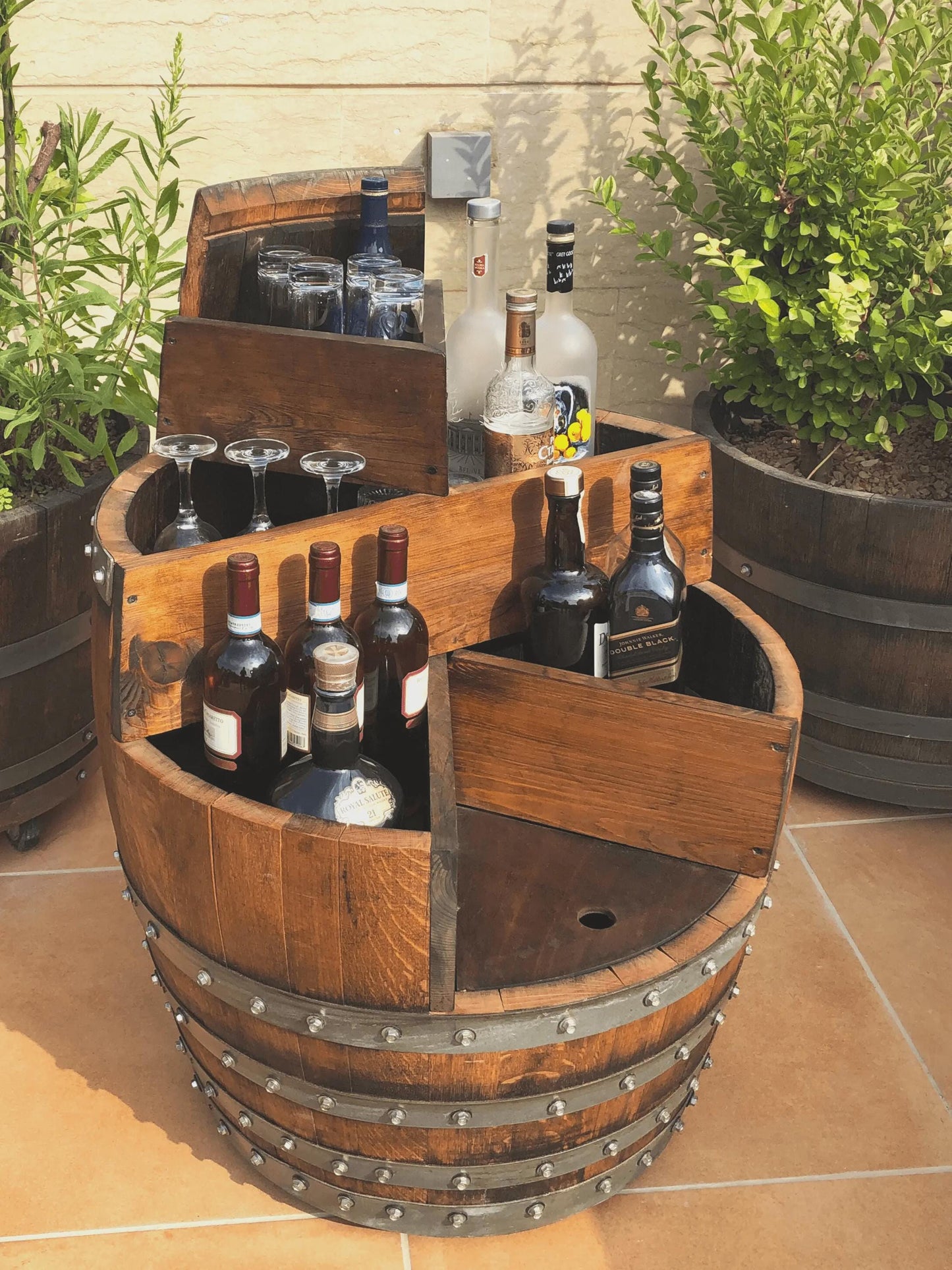 Wine Barrel Bar Cabinet with Top Shelf | Hidden Storage & Bottle Rack | Whiskey Barrel Liquor Cabinet on Wheels