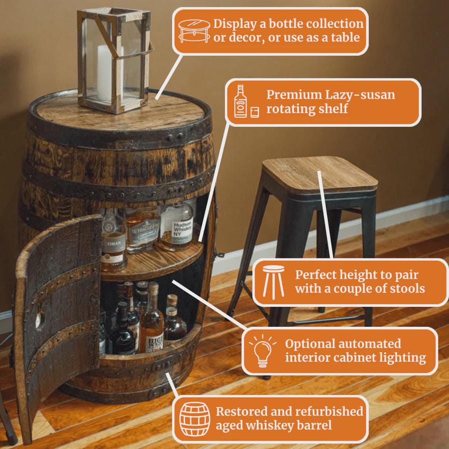Whiskey Barrel Cabinet with Lazy Susan Shelf & Lights – Refinished Bourbon Barrel Furniture – Rustic Home Bar Decor – Personalized Gift
