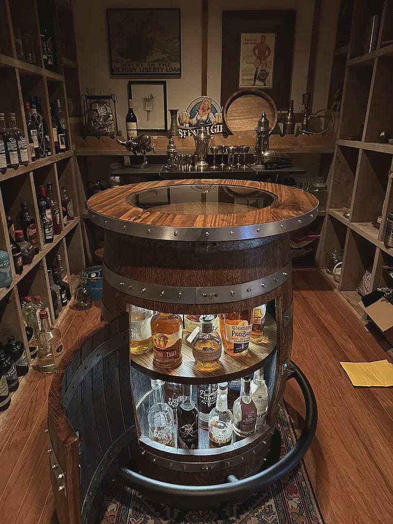 Refurbished Whiskey Barrel Open Display Cabinet | Rustic Bourbon Barrel Shelf | Home Bar Decor | Handcrafted Oak Furniture