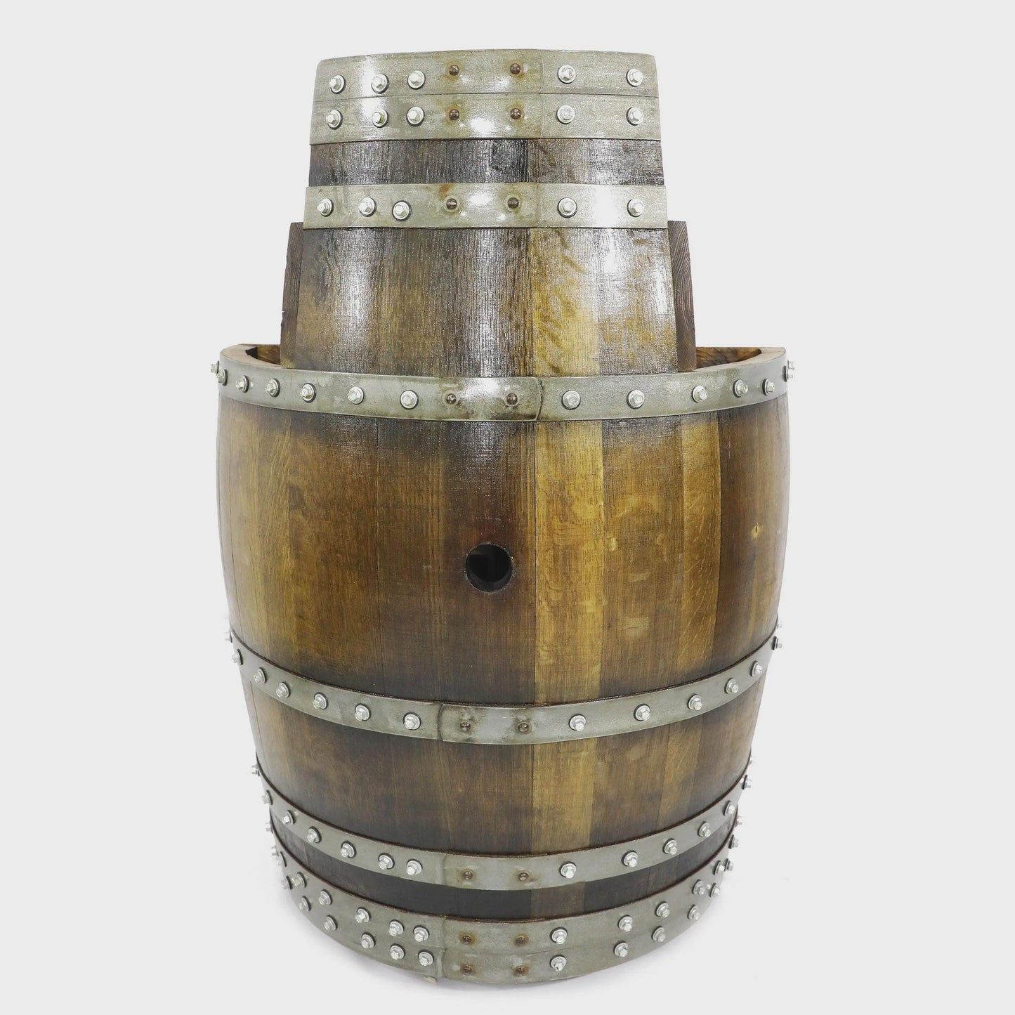 Wine Barrel Bar Cabinet with Top Shelf | Hidden Storage & Bottle Rack | Whiskey Barrel Liquor Cabinet on Wheels
