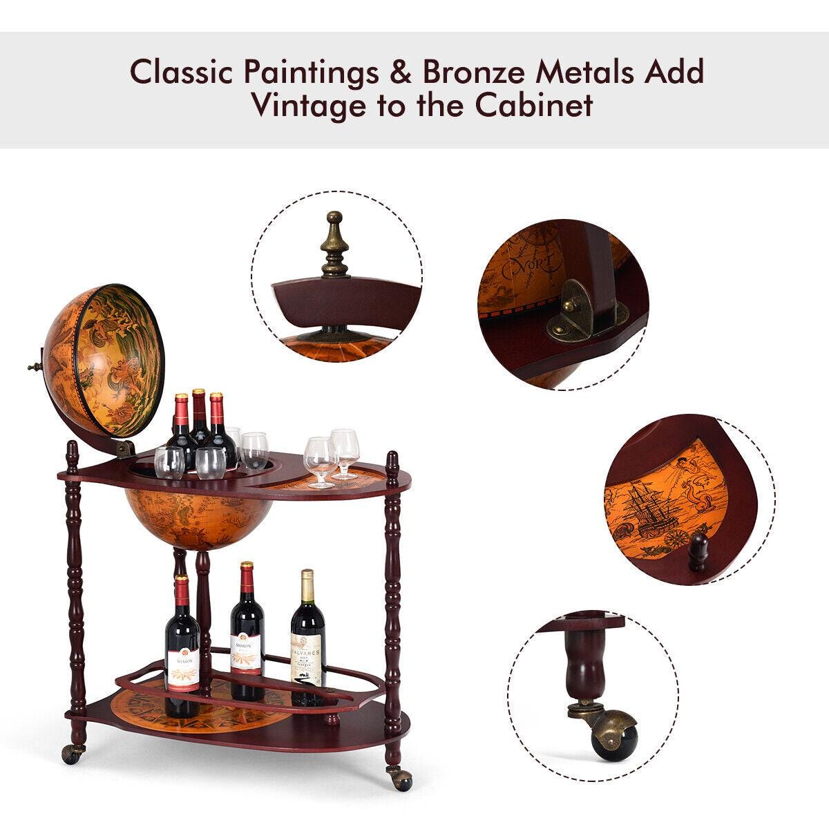 Wood Globe Wine Bar Stand 34" H 16th Century Italian Rack Liquor Bottle Shelf/Free Standing/Dining Room