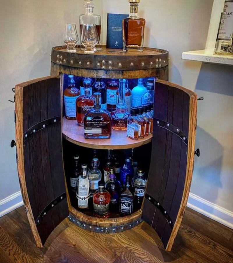 Rustic Barrel Mini Bar Cabinet with LED Lighting – Vintage Whiskey Storage Cabinet