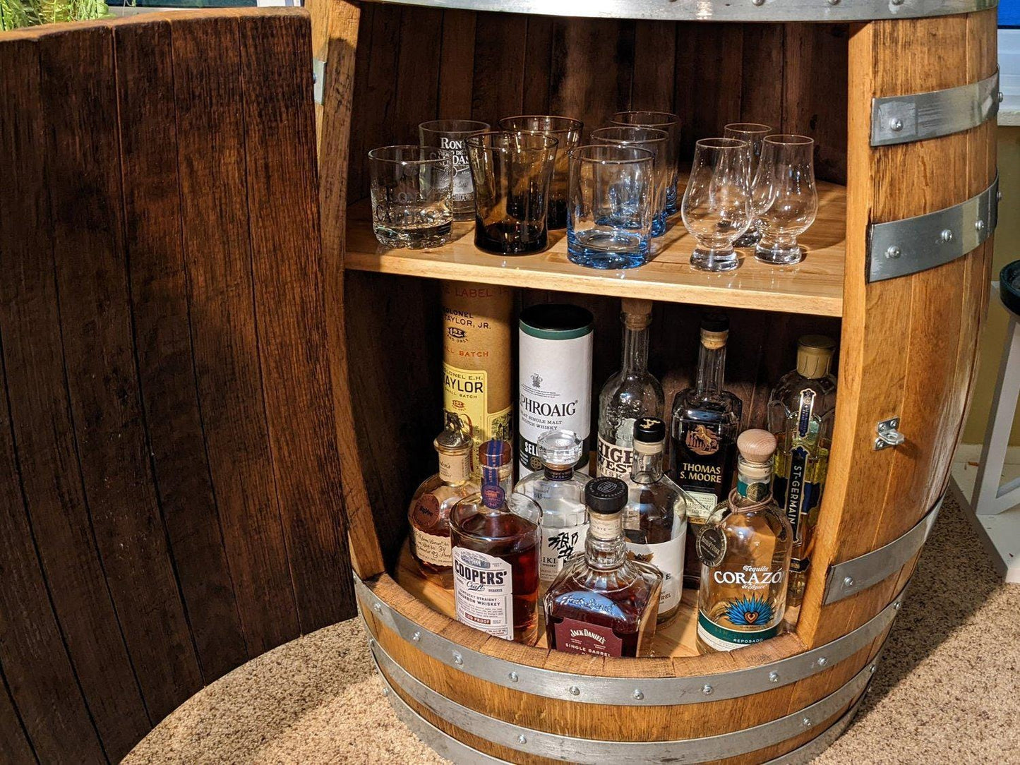 Handcrafted Wine Barrel Liquor Cabinet – Lazy Susan Shelf, Lockable Door, LED Lights – Rustic Home Bar Storage, Indoor Use Only
