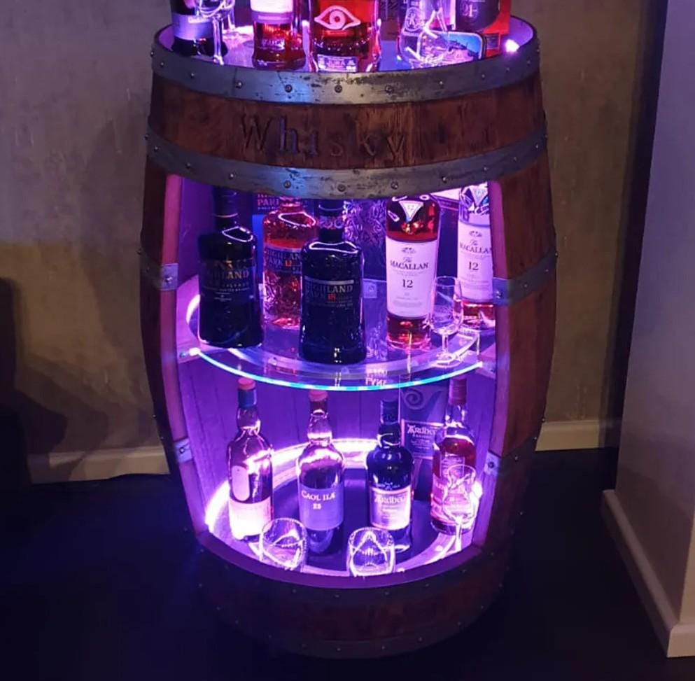 Whiskey Barrel Bar โ LED or RGB Lights, Glass Shelves, Personalized Gift, Rum Wine Barrel Cabinet, Rustic Handmade Bar