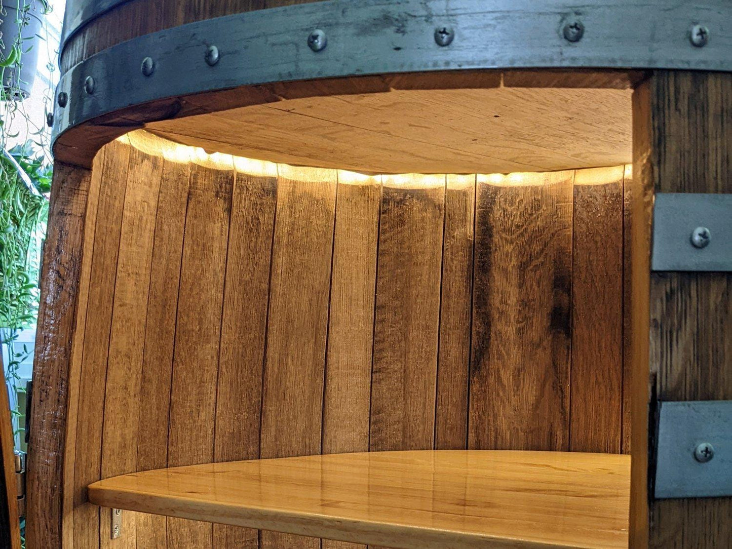 Handcrafted Wine Barrel Liquor Cabinet – Lazy Susan Shelf, Lockable Door, LED Lights – Rustic Home Bar Storage, Indoor Use Only