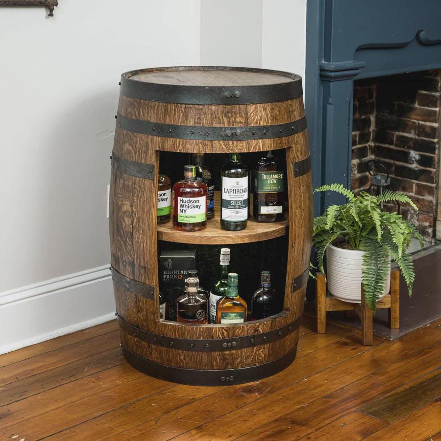 Refurbished Whiskey Barrel Open Display Cabinet | Rustic Bourbon Barrel Shelf | Home Bar Decor | Handcrafted Oak Furniture
