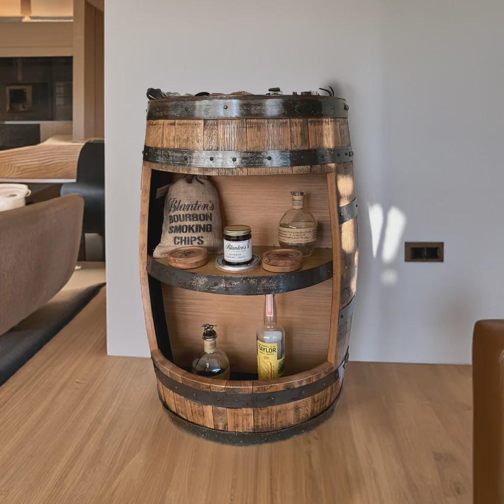 Half Whiskey Barrel Cabinet with Shelves – Rustic Mini Bar Side Table, Handmade Bourbon Barrel Furniture, Solid Wood Liquor Storage Rack