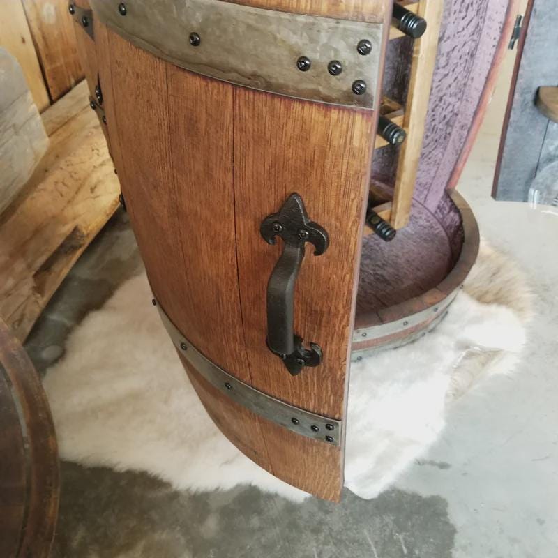 Whiskey Barrel Wine Rack | Reclaimed Barrel Bar Holds 8 Bottles & Glasses | Burnt Oak Finish | Rustic Home Bar Decor | Handcrafted Storage