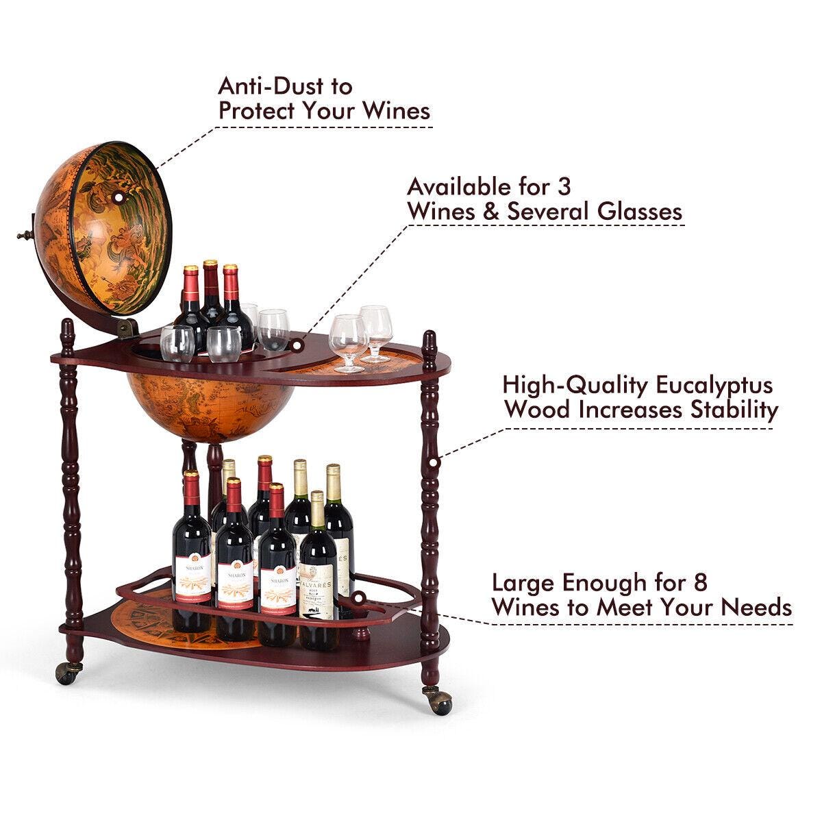 Wood Globe Wine Bar Stand 34" H 16th Century Italian Rack Liquor Bottle Shelf/Free Standing/Dining Room