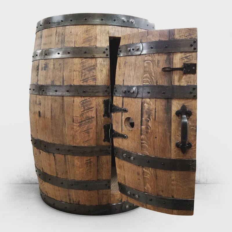 Full Whiskey Barrel Liquor Cabinet | Reclaimed Barrel Bar with Shelves & Doors | Rustic Man Cave Bar Furniture | Handcrafted Storage