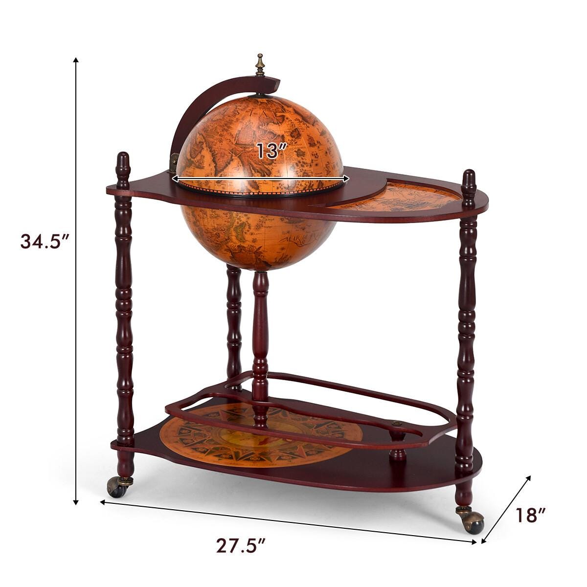 Wood Globe Wine Bar Stand 34" H 16th Century Italian Rack Liquor Bottle Shelf/Free Standing/Dining Room
