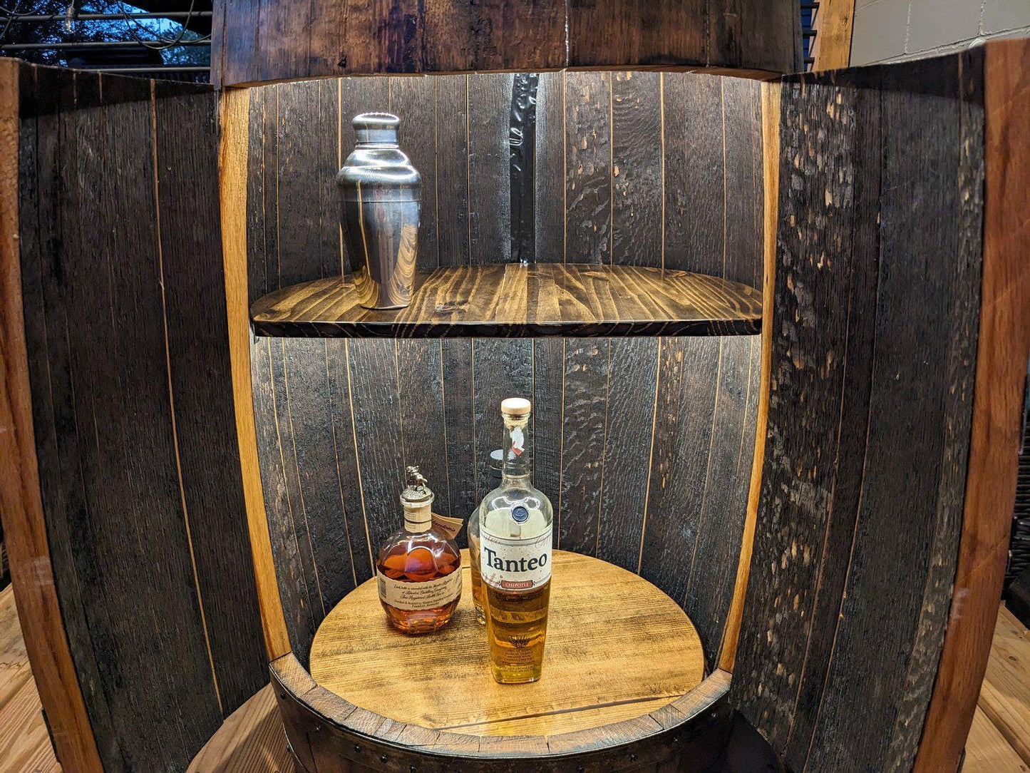 Bourbon Whiskey Barrel Liquor Cabinet – LED Lights, Lazy Susan Shelf, Rustic Home Bar Storage, Custom Handmade Barrel Furniture