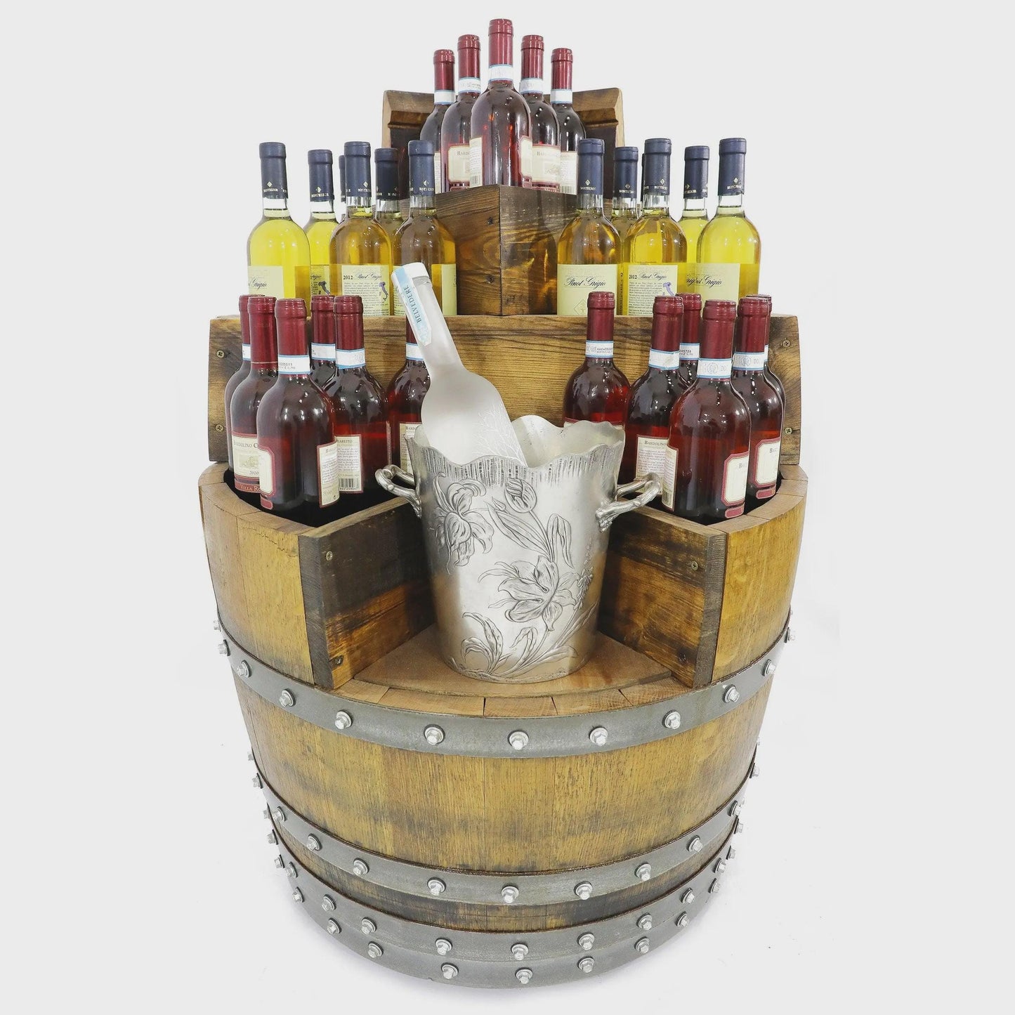 Wine Barrel Bar Cabinet with Top Shelf | Hidden Storage & Bottle Rack | Whiskey Barrel Liquor Cabinet on Wheels
