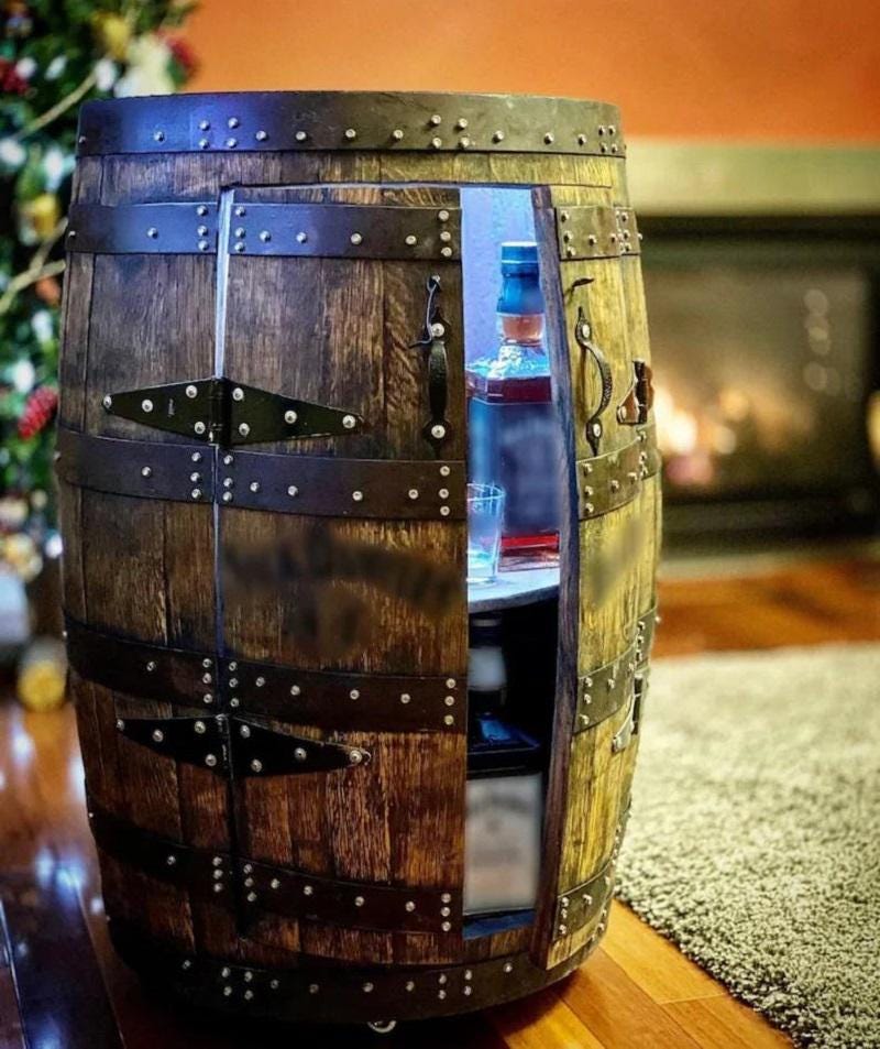 Rustic Barrel Mini Bar Cabinet with LED Lighting – Vintage Whiskey Storage Cabinet