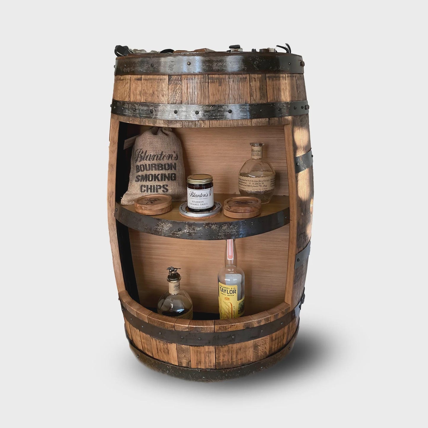 Half Whiskey Barrel Cabinet with Shelves – Rustic Mini Bar Side Table, Handmade Bourbon Barrel Furniture, Solid Wood Liquor Storage Rack
