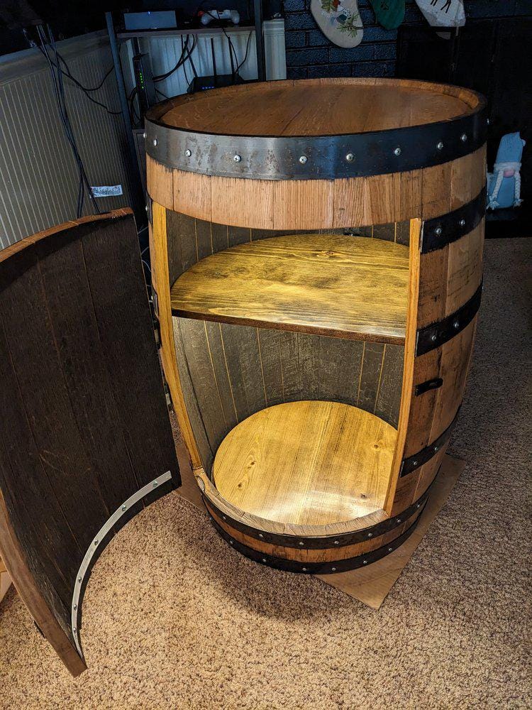 Bourbon Whiskey Barrel Liquor Cabinet – LED Lights, Lazy Susan Shelf, Rustic Home Bar Storage, Custom Handmade Barrel Furniture