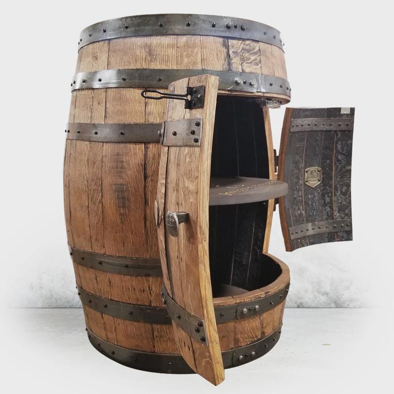 Full Whiskey Barrel Liquor Cabinet | Reclaimed Barrel Bar with Shelves & Doors | Rustic Man Cave Bar Furniture | Handcrafted Storage