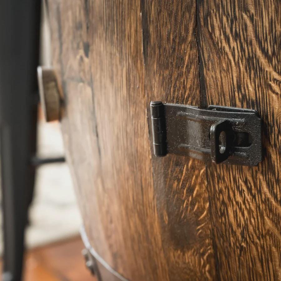 Whiskey Barrel Cabinet with Lazy Susan Shelf & Lights – Refinished Bourbon Barrel Furniture – Rustic Home Bar Decor – Personalized Gift