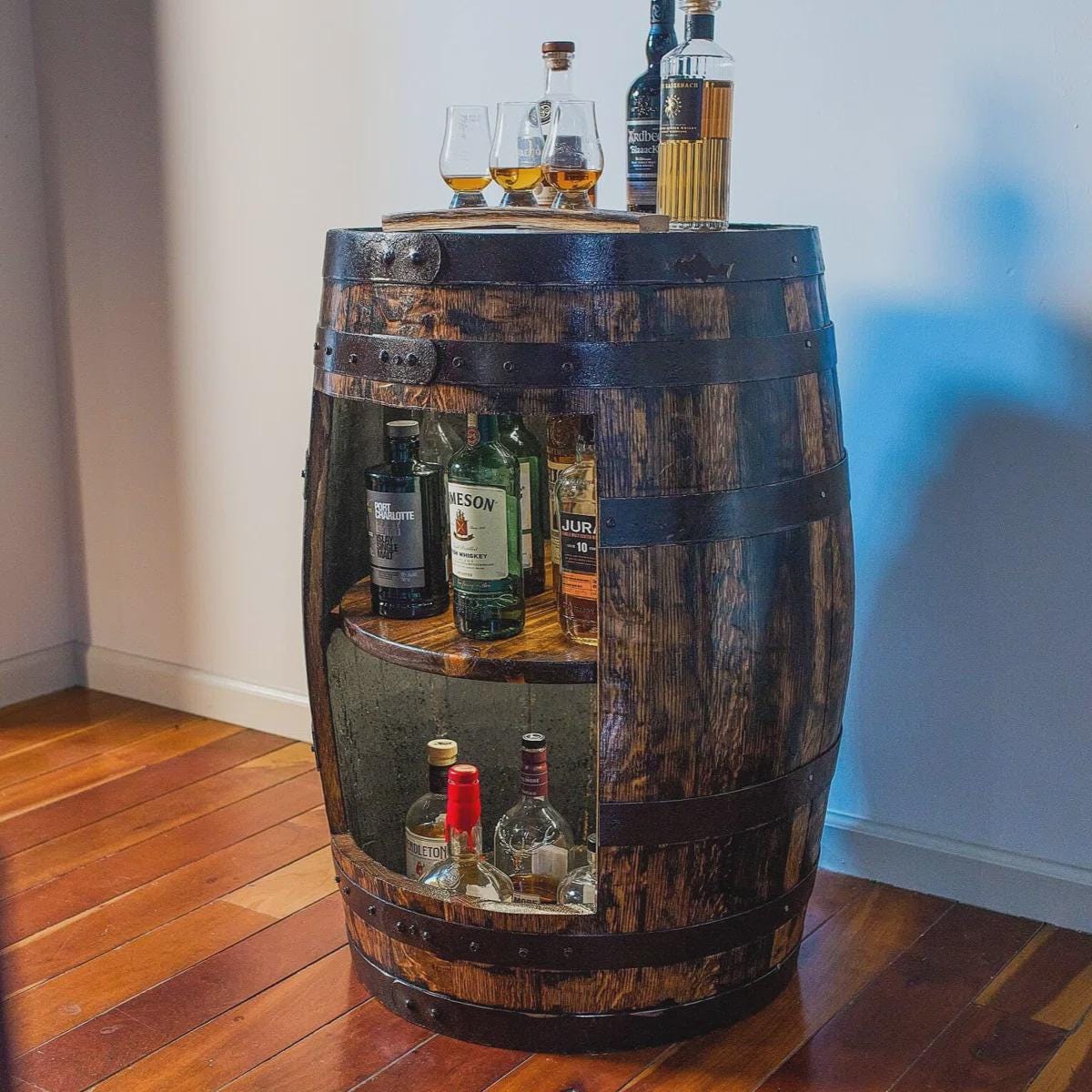 Whiskey Barrel Display Cabinet | 26"Refurbished Solid Wood Bar with Shelf & Motion Light | Rustic Home Bar Storage | Barrel Accent Furniture