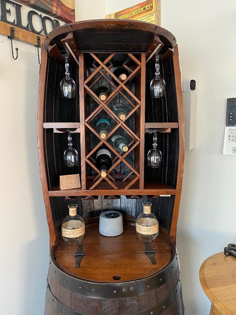 Hutch Wine Bar Cabinet Holds 7 Wine Bottles and 20 Wine Glasses, Hand Made Solid Wood Barrel Construction