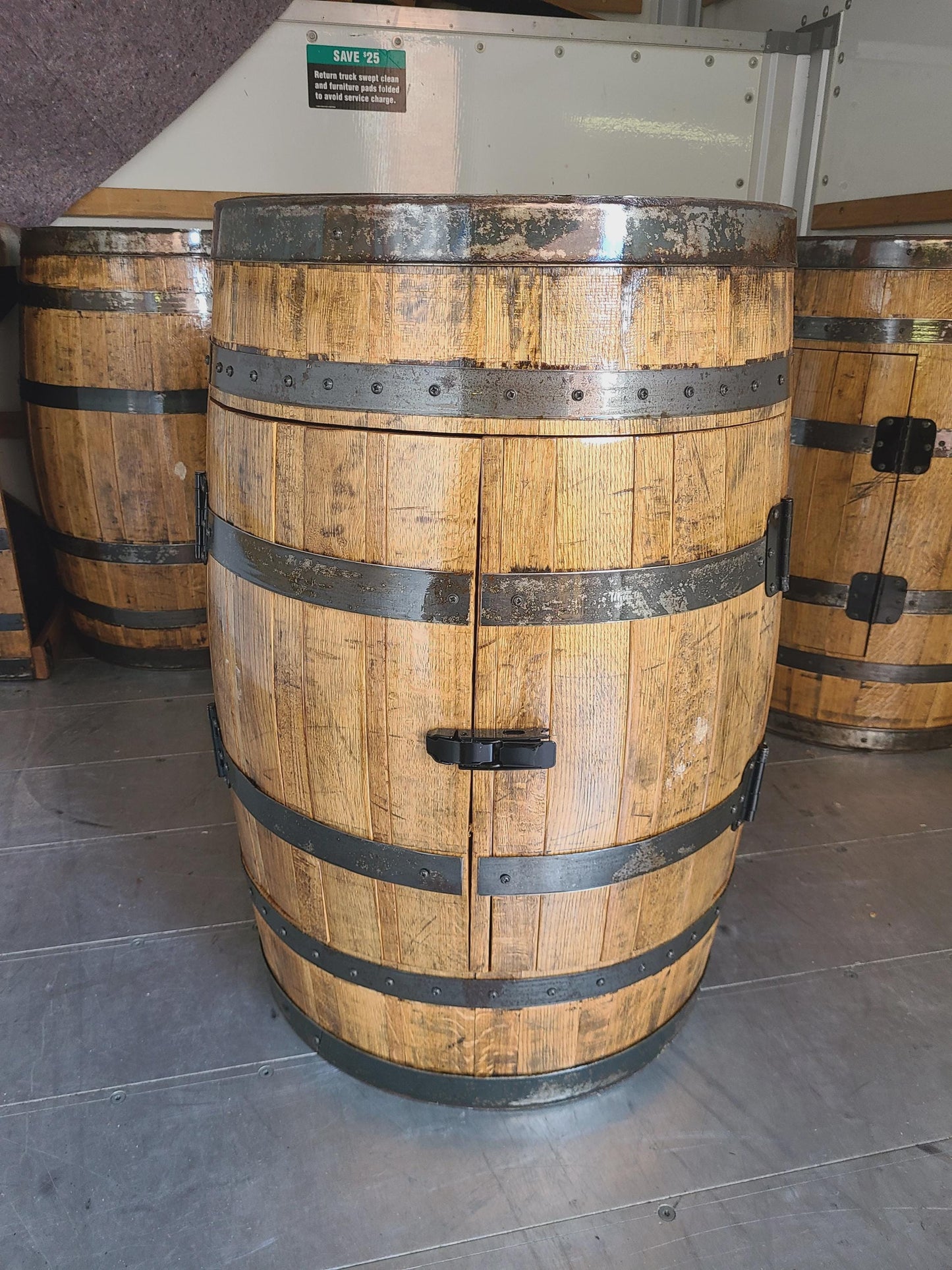 Full Whiskey Barrel Bar Cabinet with Shelves & Glass Holders – Rustic Liquor Storage, Handmade Bourbon Barrel Furniture, Lockable Doors