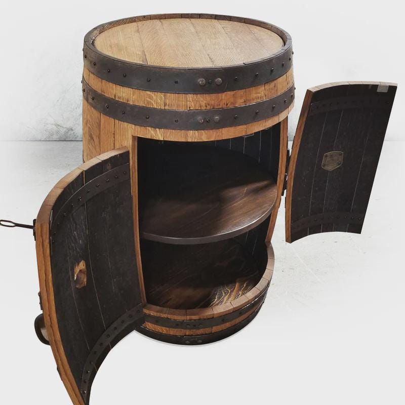 Full Whiskey Barrel Liquor Cabinet | Reclaimed Barrel Bar with Shelves & Doors | Rustic Man Cave Bar Furniture | Handcrafted Storage