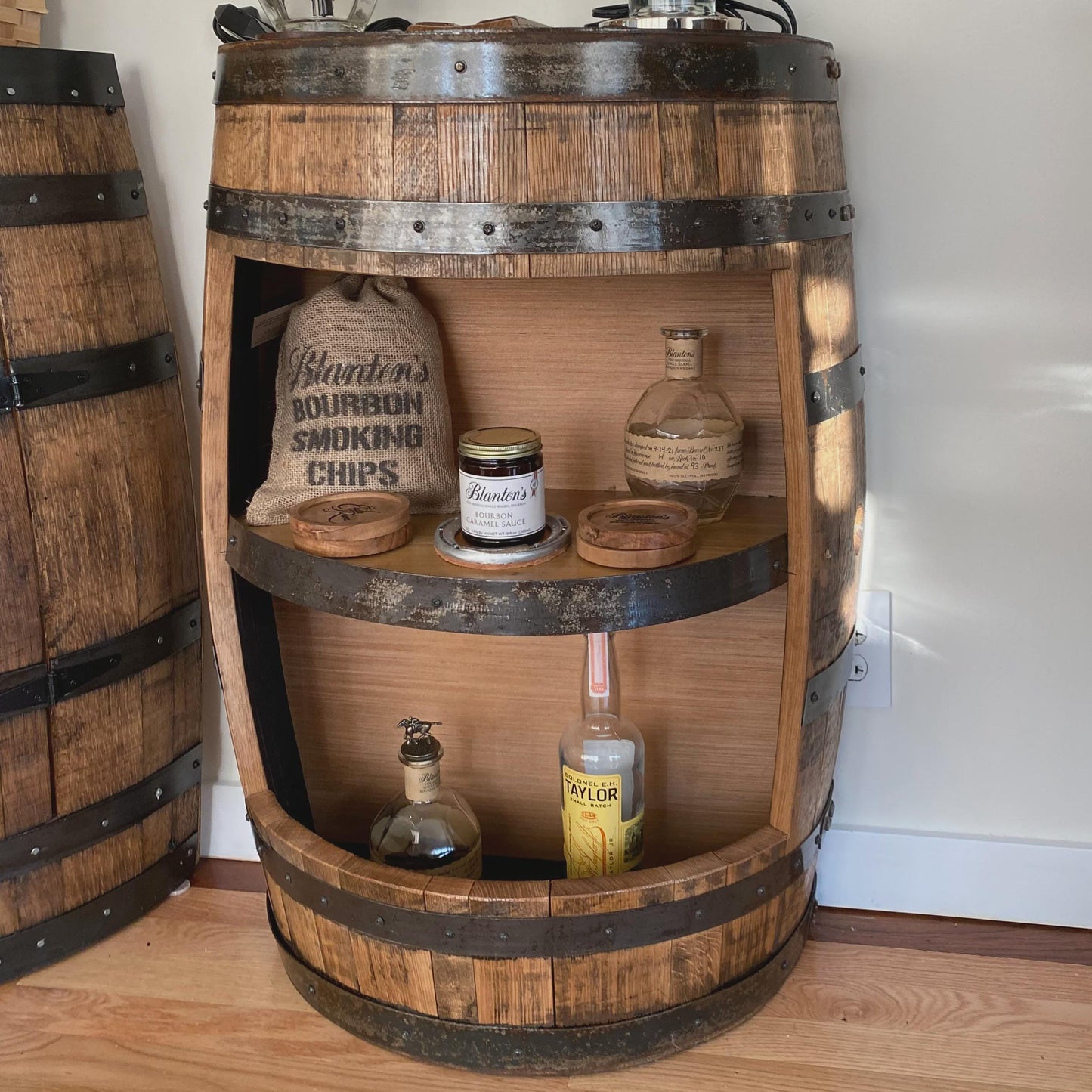 Half Whiskey Barrel Cabinet with Shelves – Rustic Mini Bar Side Table, Handmade Bourbon Barrel Furniture, Solid Wood Liquor Storage Rack
