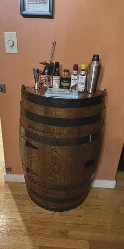 Vertical Half-Barrel Whiskey Cabinet – Rustic Home Bar Table with Locking Door, Storage & Lighting