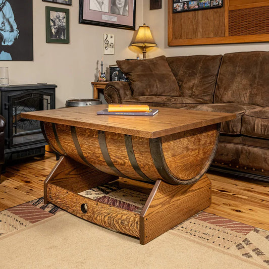 Whiskey Barrel Coffee Table with Lift Top – Rustic Rectangular Oak Table with Hidden Storage | Handcrafted Bourbon Barrels 30"x38"