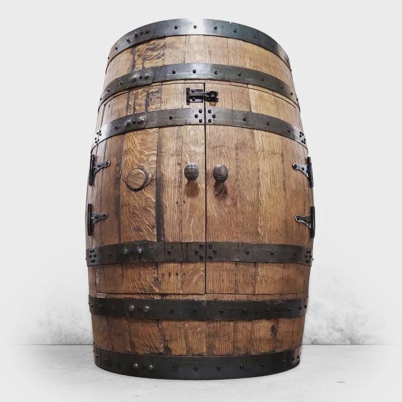 Full Whiskey Barrel Liquor Cabinet | Reclaimed Barrel Bar with Shelves & Doors | Rustic Man Cave Bar Furniture | Handcrafted Storage