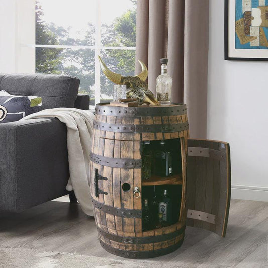 Full Whiskey Barrel Liquor Cabinet | Reclaimed Barrel Bar with Shelves & Doors | Rustic Man Cave Bar Furniture | Handcrafted Storage