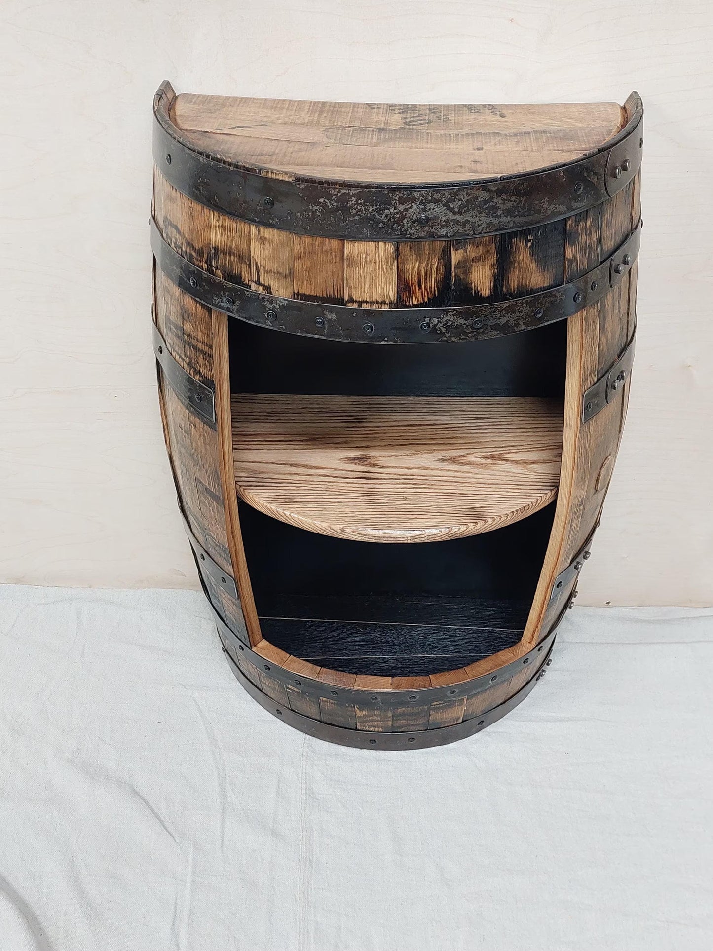 Half Barrel Bourbon Cabinet | Handcrafted Whiskey Barrel Furniture | Rustic Liquor Cabinet with Shelf & Optional LED Lights