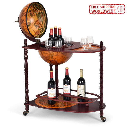 Wood Globe Wine Bar Stand 34" H 16th Century Italian Rack Liquor Bottle Shelf/Free Standing/Dining Room