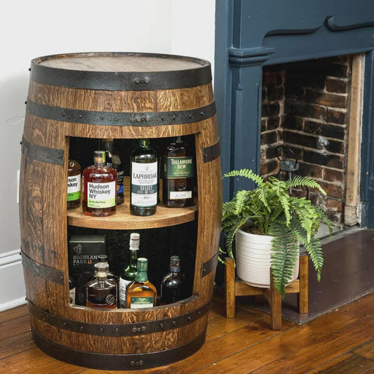 Refurbished Whiskey Barrel Open Display Cabinet | Rustic Bourbon Barrel Shelf | Home Bar Decor | Handcrafted Oak Furniture