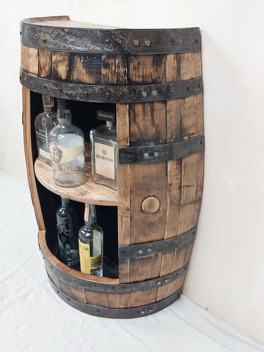 Half Barrel Bourbon Cabinet | Handcrafted Whiskey Barrel Furniture | Rustic Liquor Cabinet with Shelf & Optional LED Lights
