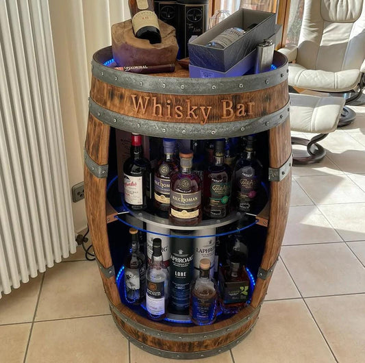 Whiskey Barrel Bar – LED or RGB Lights, Glass Shelves, Personalized Gift, Rum Wine Barrel Cabinet, Rustic Handmade Bar