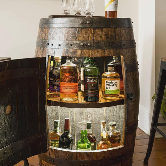 Whiskey Barrel Cabinet with Lazy Susan Shelf & Lights – Refinished Bourbon Barrel Furniture – Rustic Home Bar Decor – Personalized Gift