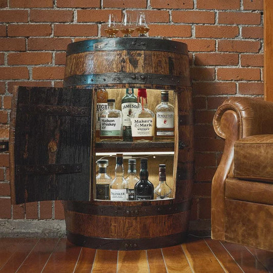 Vertical Half-Barrel Whiskey Cabinet – Rustic Home Bar Table with Locking Door, Storage & Lighting
