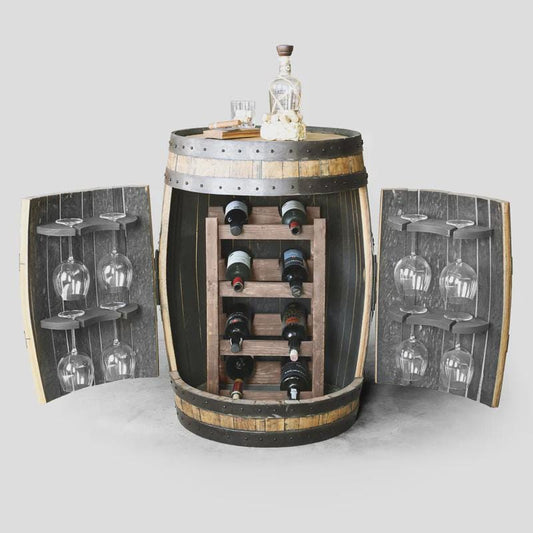 Whiskey Barrel Wine Rack | Reclaimed Barrel Bar Holds 8 Bottles & Glasses | Burnt Oak Finish | Rustic Home Bar Decor | Handcrafted Storage