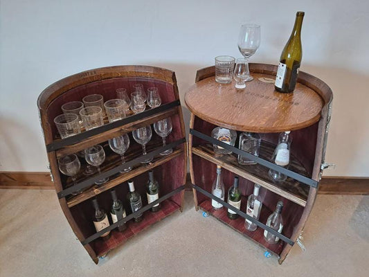 Full Wine Barrel Bar with Vertical Opening |Custom Storage Bar Made from Reclaimed Wine Barrels | 5 Compartments | Rustic Home Bar Furniture