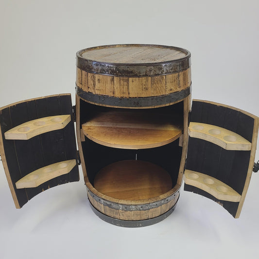 Full Whiskey Barrel Bar Cabinet with Shelves & Glass Holders – Rustic Liquor Storage, Handmade Bourbon Barrel Furniture, Lockable Doors