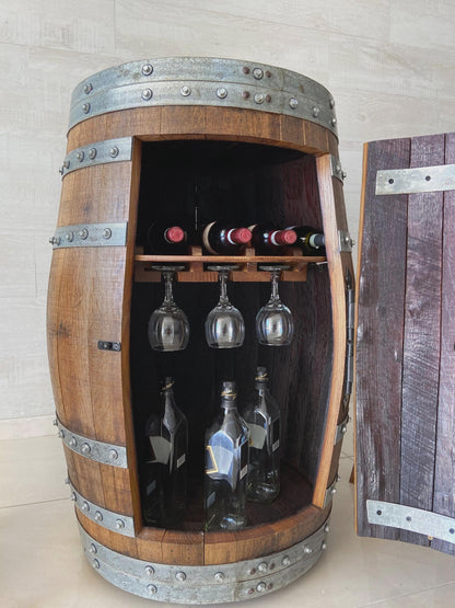 Handmade Bourbon Wine Barrel Cabinet – Whiskey Bar with Door Storage & Stemware Rack – Rustic Oak Liquor Cabinet – Wine Barrel Bar Furniture