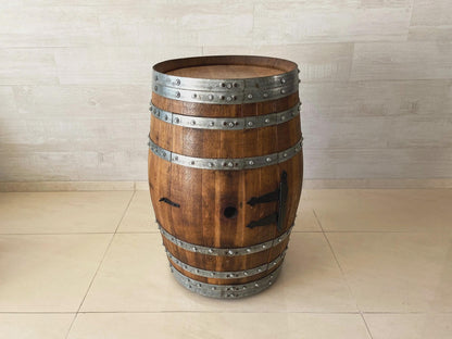 Handmade Bourbon Wine Barrel Cabinet – Whiskey Bar with Door Storage & Stemware Rack – Rustic Oak Liquor Cabinet – Wine Barrel Bar Furniture