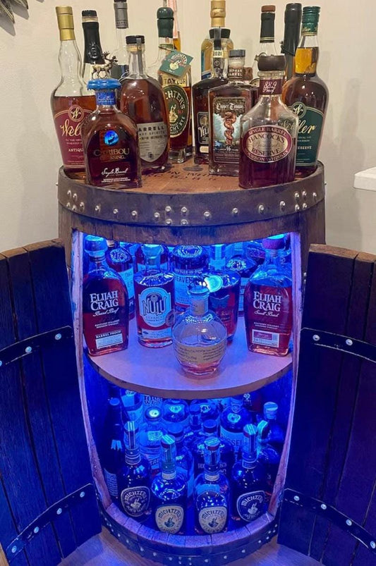 Rustic Barrel Mini Bar Cabinet with LED Lighting – Vintage Whiskey Storage Cabinet