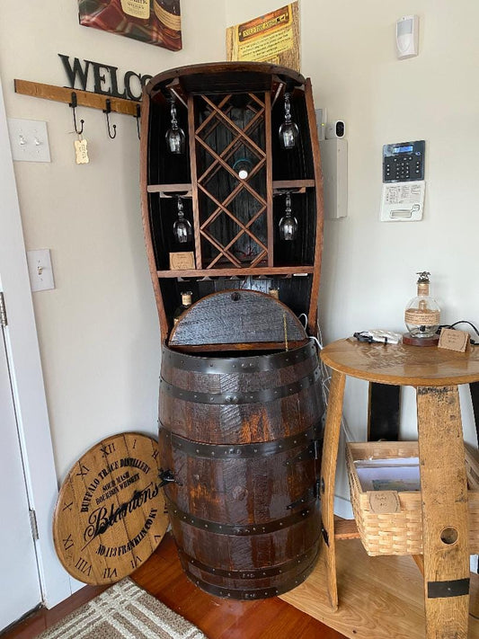 Hutch Wine Bar Cabinet Holds 7 Wine Bottles and 20 Wine Glasses, Hand Made Solid Wood Barrel Construction
