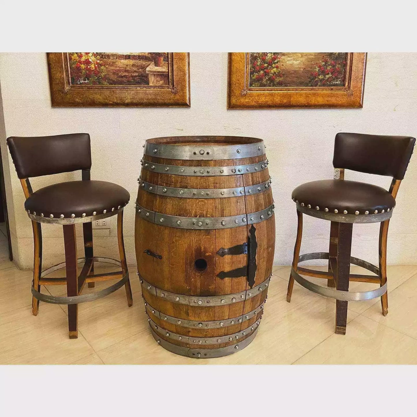 Wine Barrel Bar Cabinet With Storage | Pub Table -Barrel Bar -Whiskey Barrel Bar