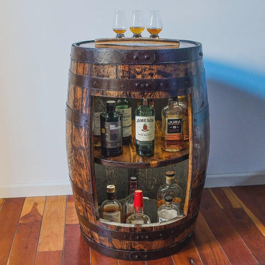 Whiskey Barrel Display Cabinet | 26"Refurbished Solid Wood Bar with Shelf & Motion Light | Rustic Home Bar Storage | Barrel Accent Furniture